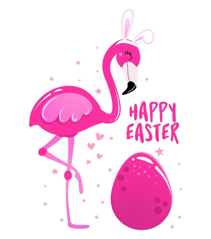 Happy Easter text with beautiful pink flamingo with easter bunny ears