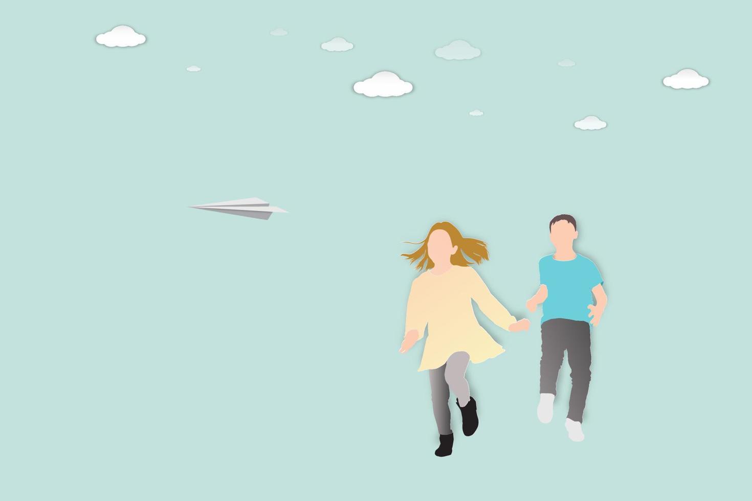Funny kids brother and sister running on outdoor, Happy Girl and boy playing with paper airplane. Vector illustration paper cut design for concept wallpaper background.
