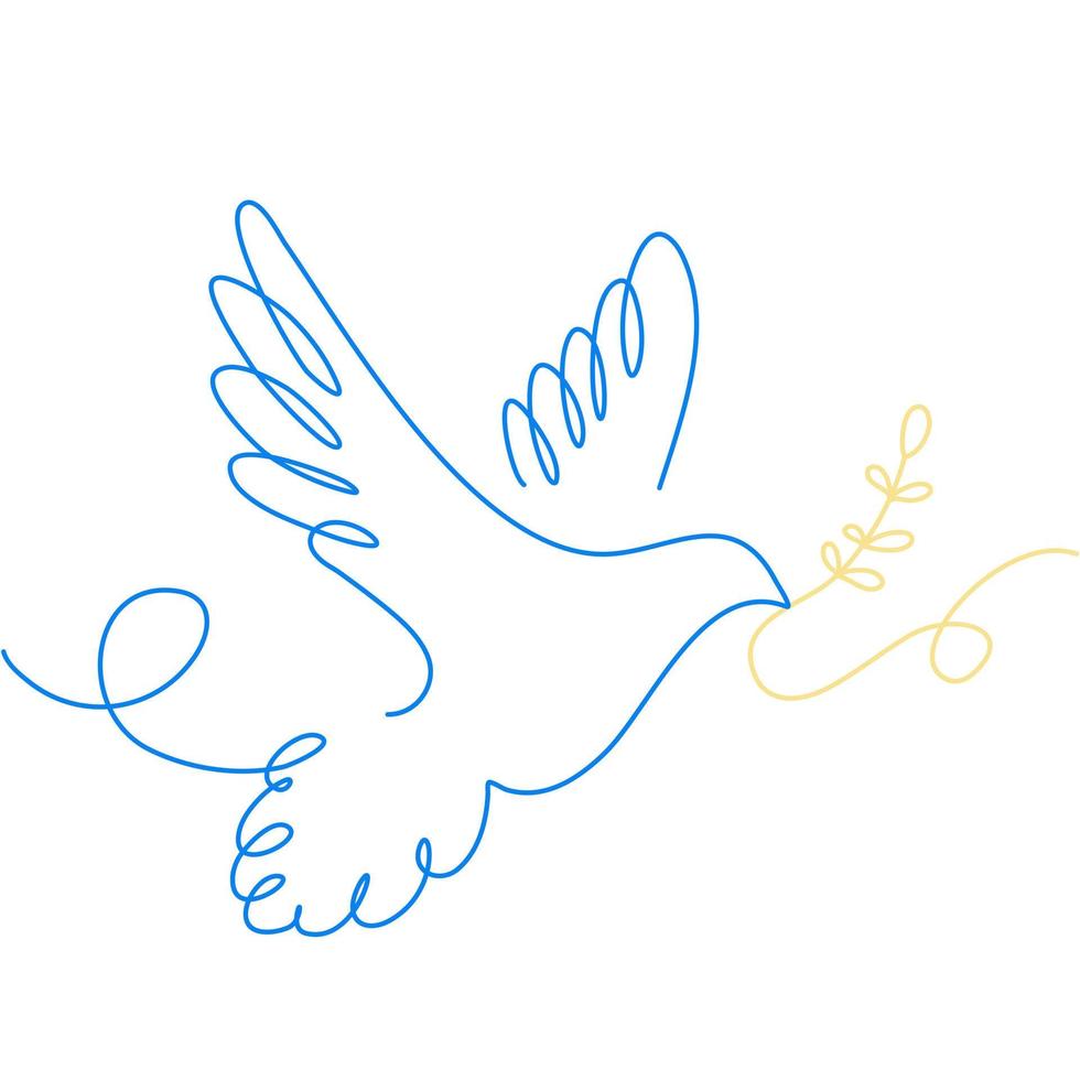 Dove of peace. Concept of peace for Ukraine. Line art dove and branch in colors of Ukrainian flag blue and yellow. Vector illustration