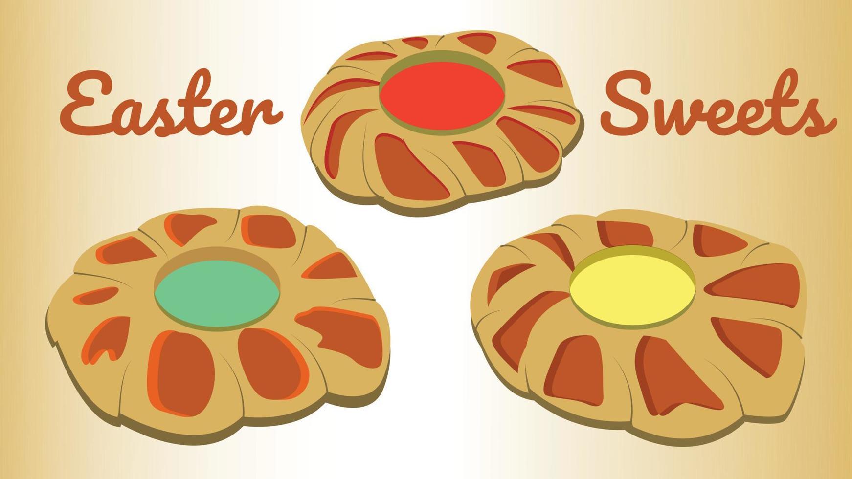 Group of Three Easter Sweet Breads With Eggs of Various Colors vector