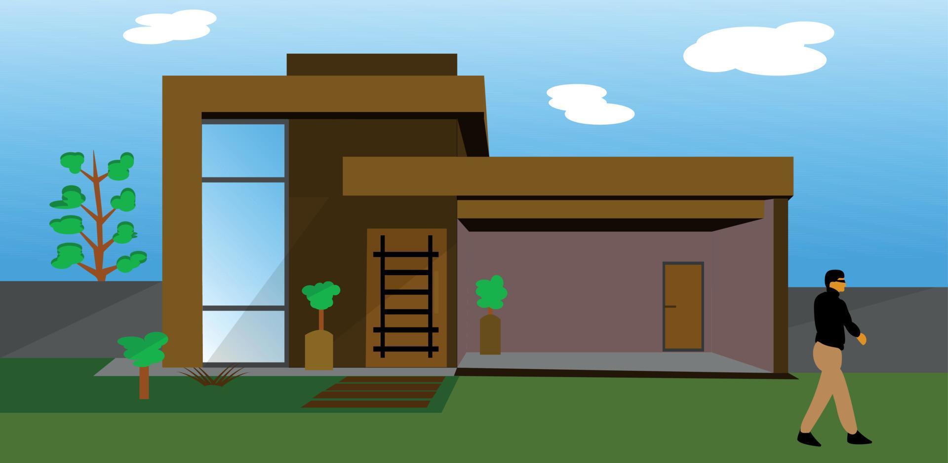 Modern House on Grass With Blue Sky With White Clouds vector