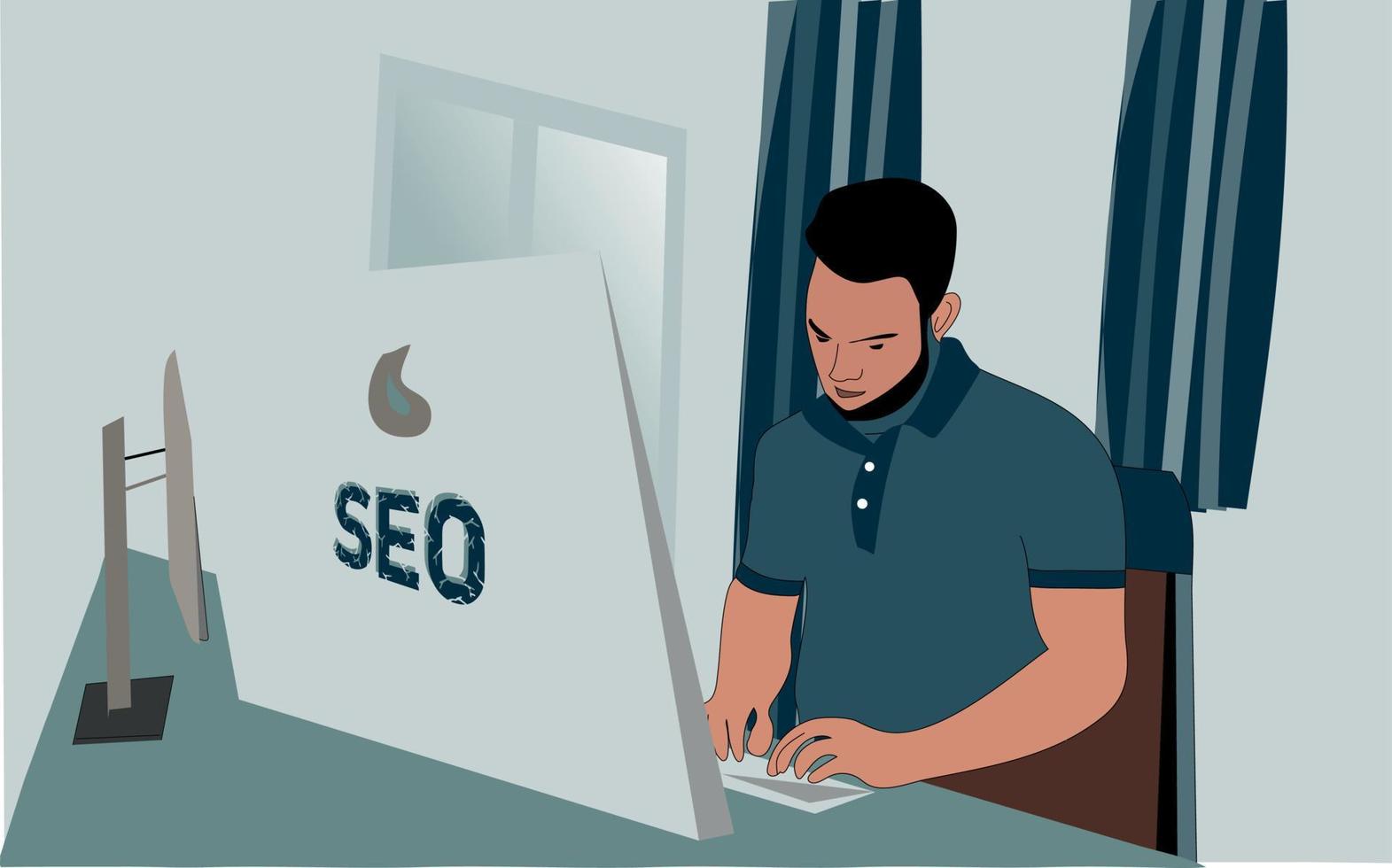 SEO Consultant Working on His Computer Sitting on His Desk vector