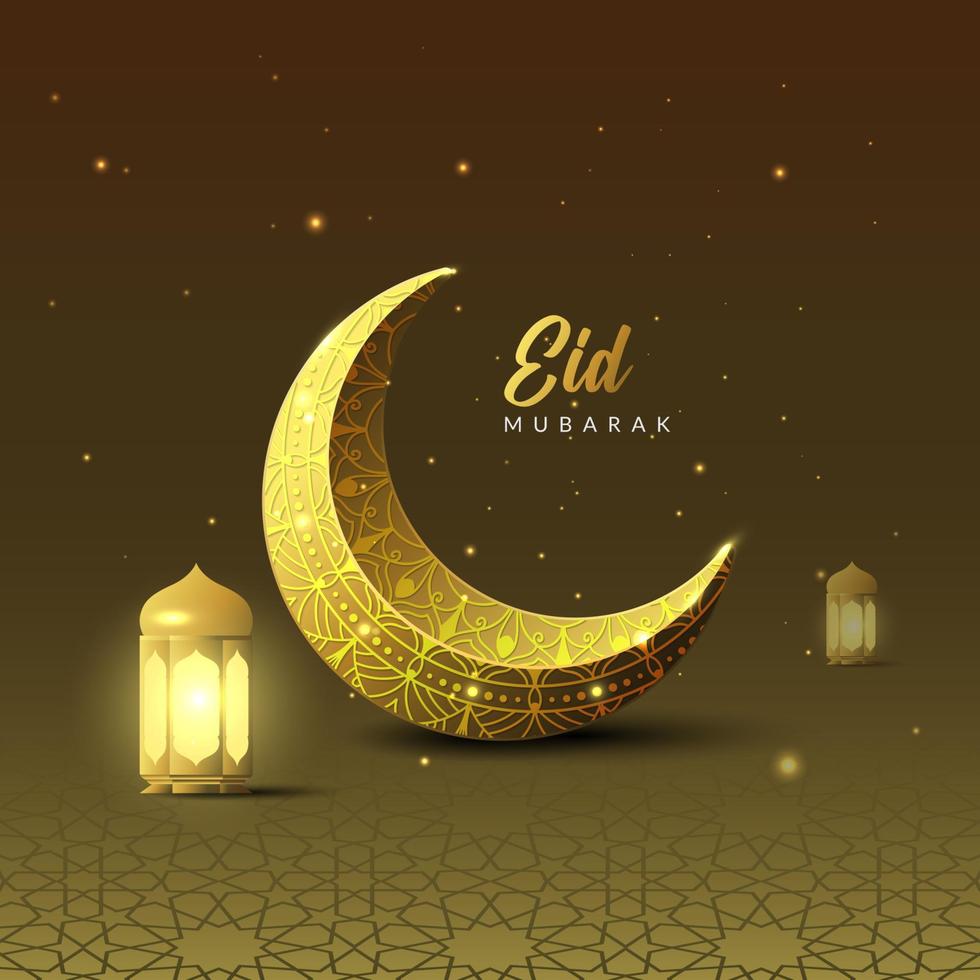 Eid mubarak islamic Background with decorative crescent moon and blurred lantern vector