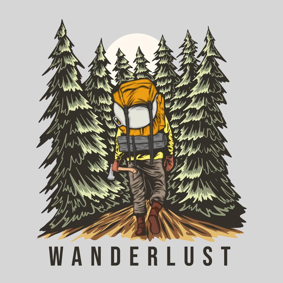 mochila wanderlust en la ilustración del campamento forestal vector