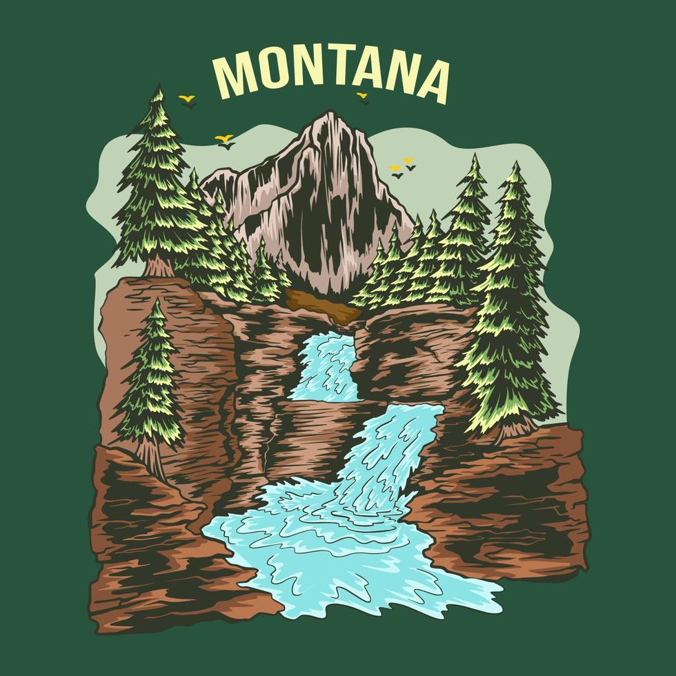 cascada vintage y montaña en ilustraciones de ilustración de bosque vector