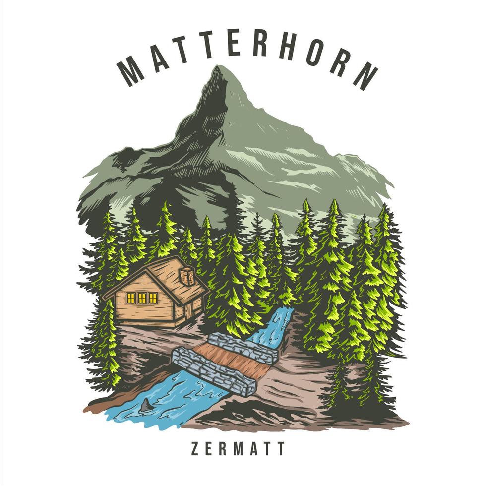 Vintage mountain and river in the forest illustration vector