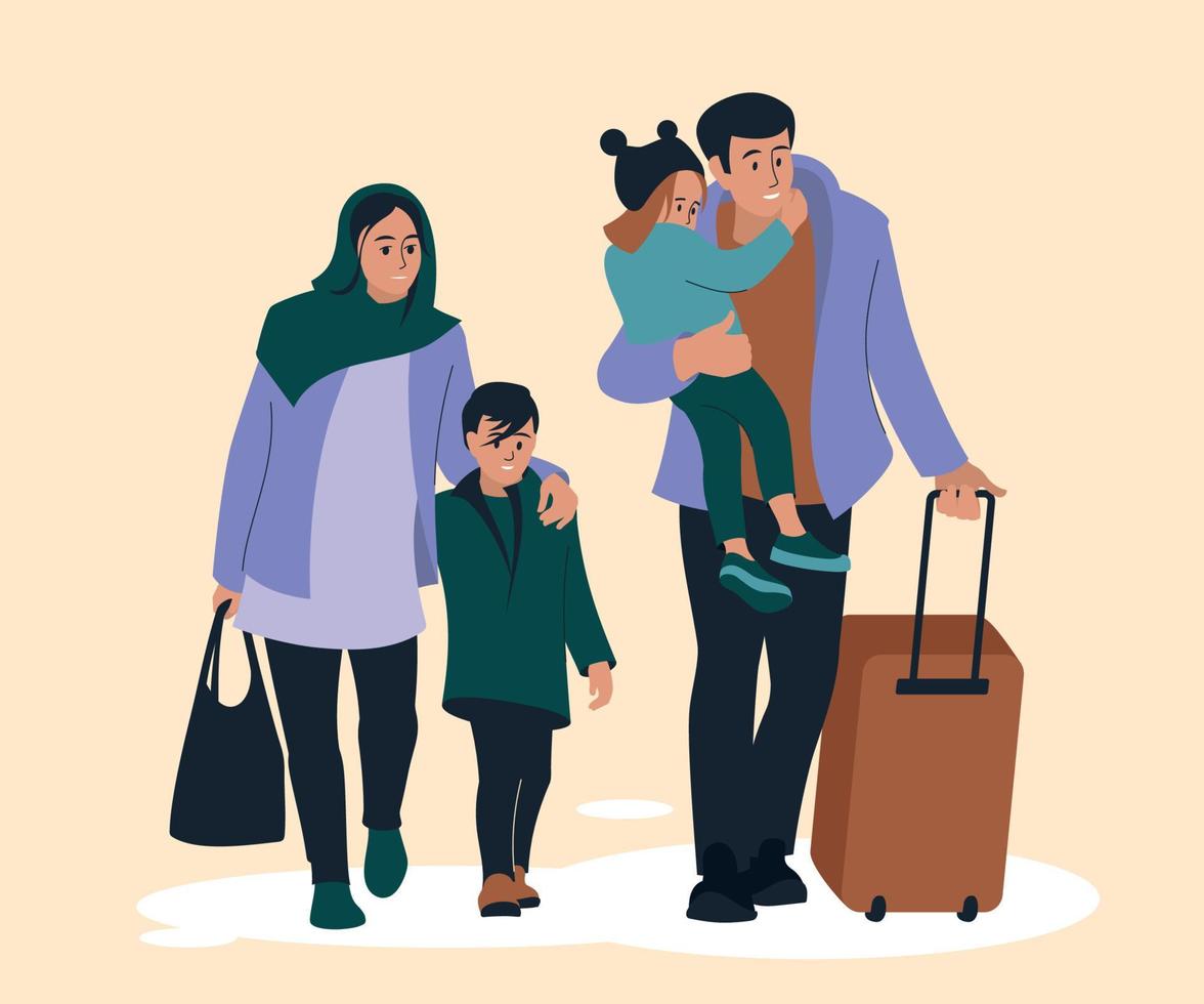 familia con niños. refugiados. la gente está siendo evacuada de la zona de guerra. imagen vectorial vector