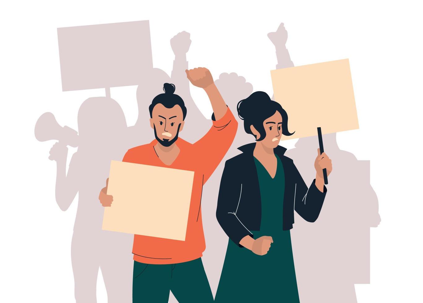 Protest. Man and woman with placards express their opinion. People at the rally. Vector image.