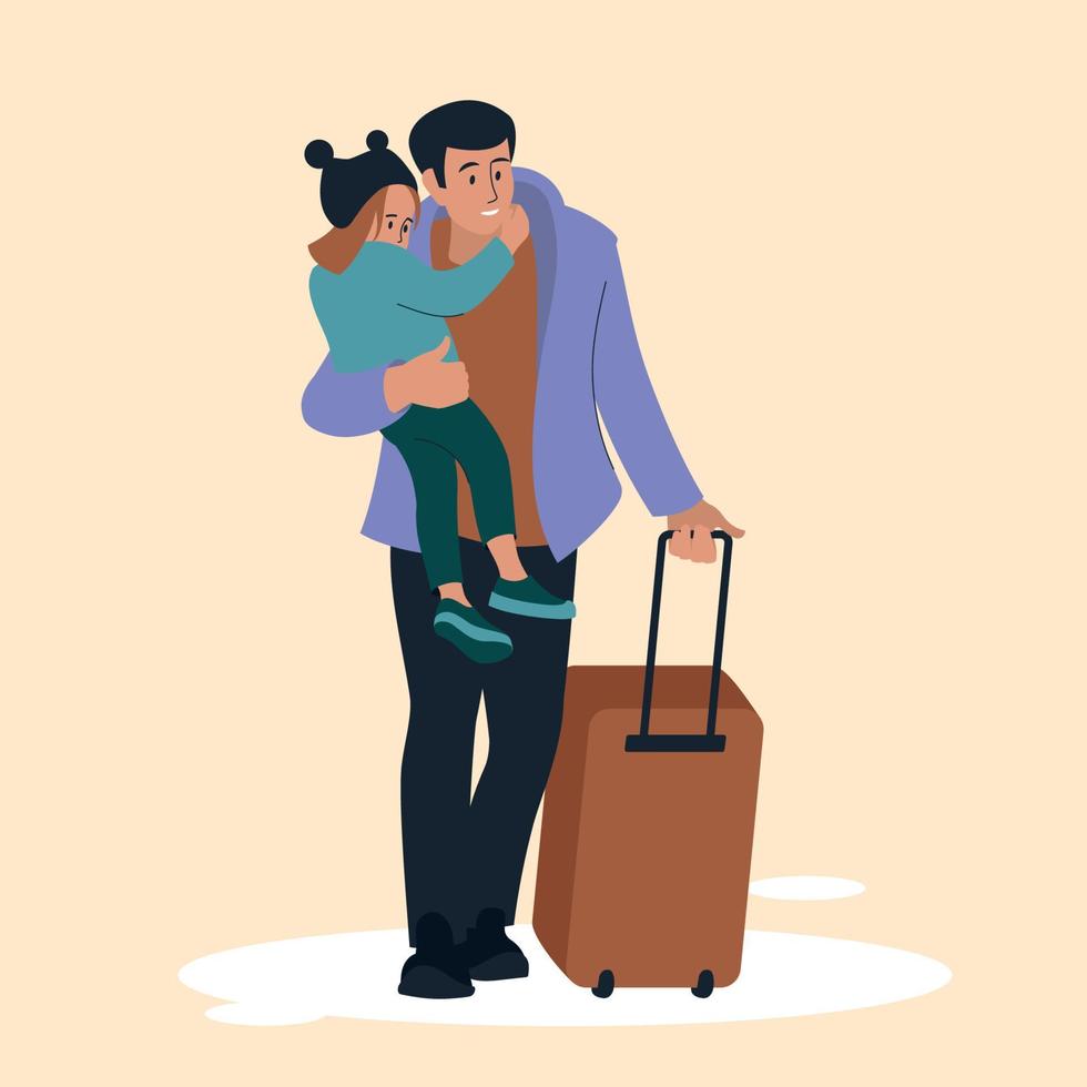 A man with a child. Refugees. Travel. Vector image.
