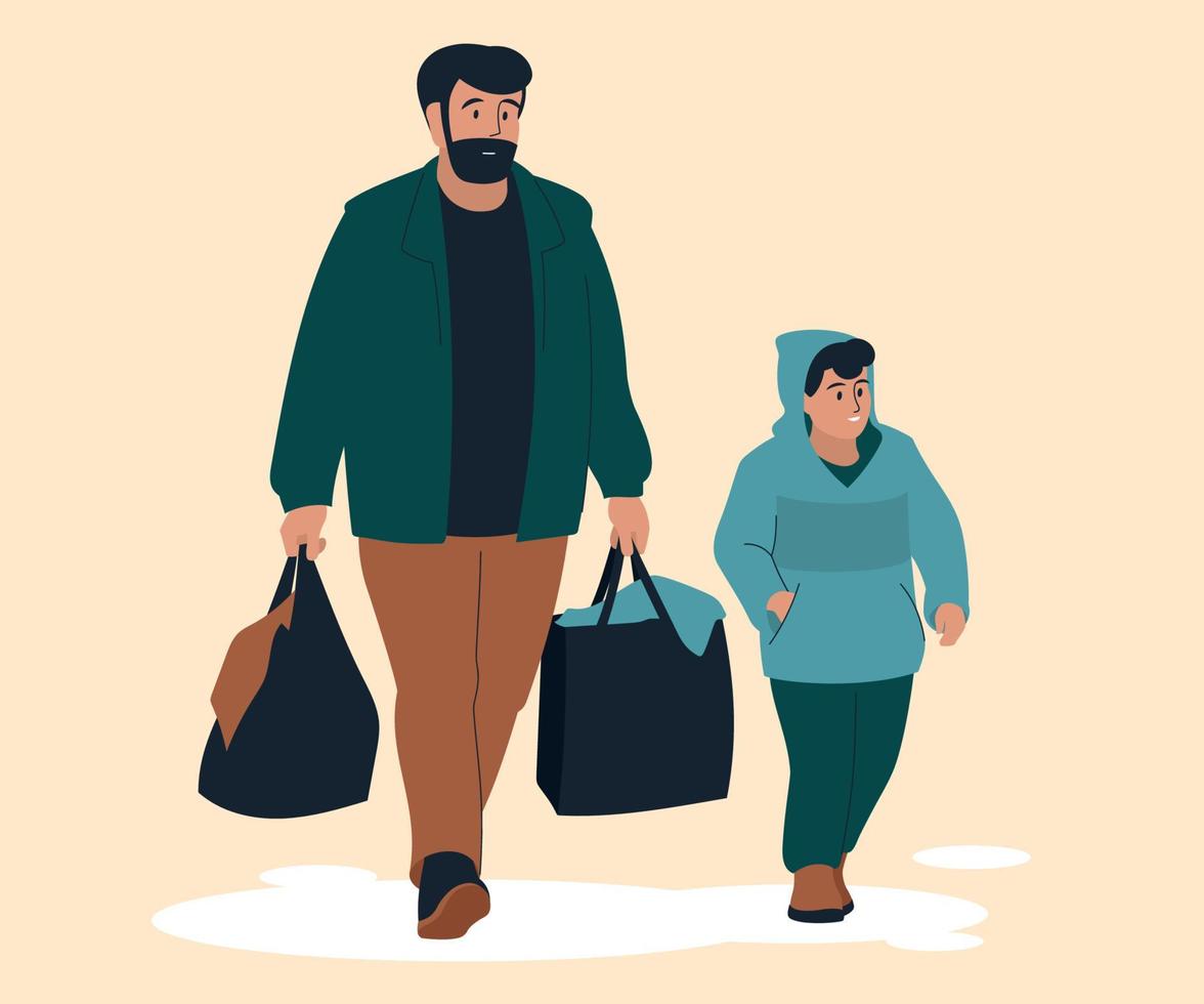 A man with a child. Refugees. Travel. Vector image.