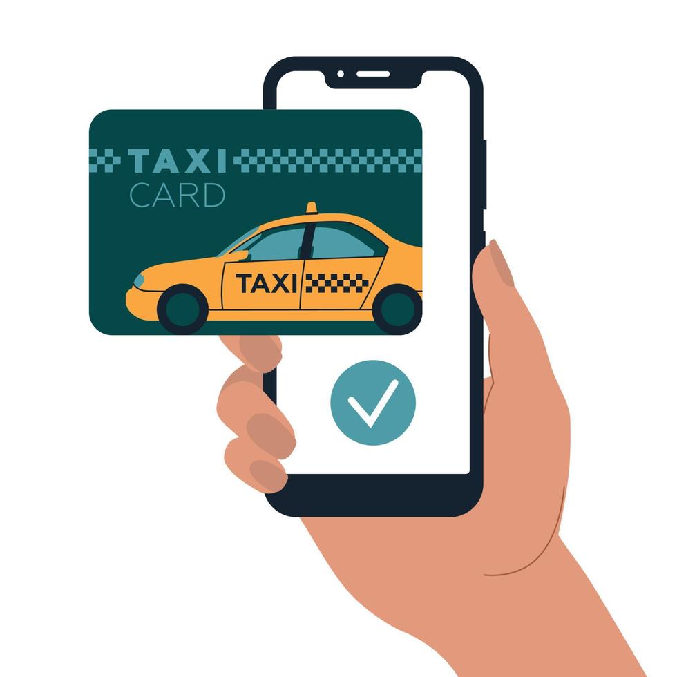 Taxi. The hand holds the phone. Card with the image of a taxi car. Concept. Vector image.