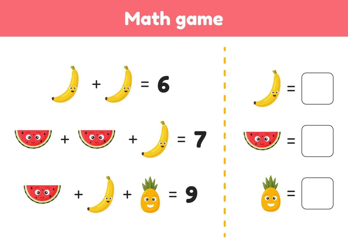 Math game for preschool and school age children. Count and insert the correct numbers. Addition. Fruits. vector