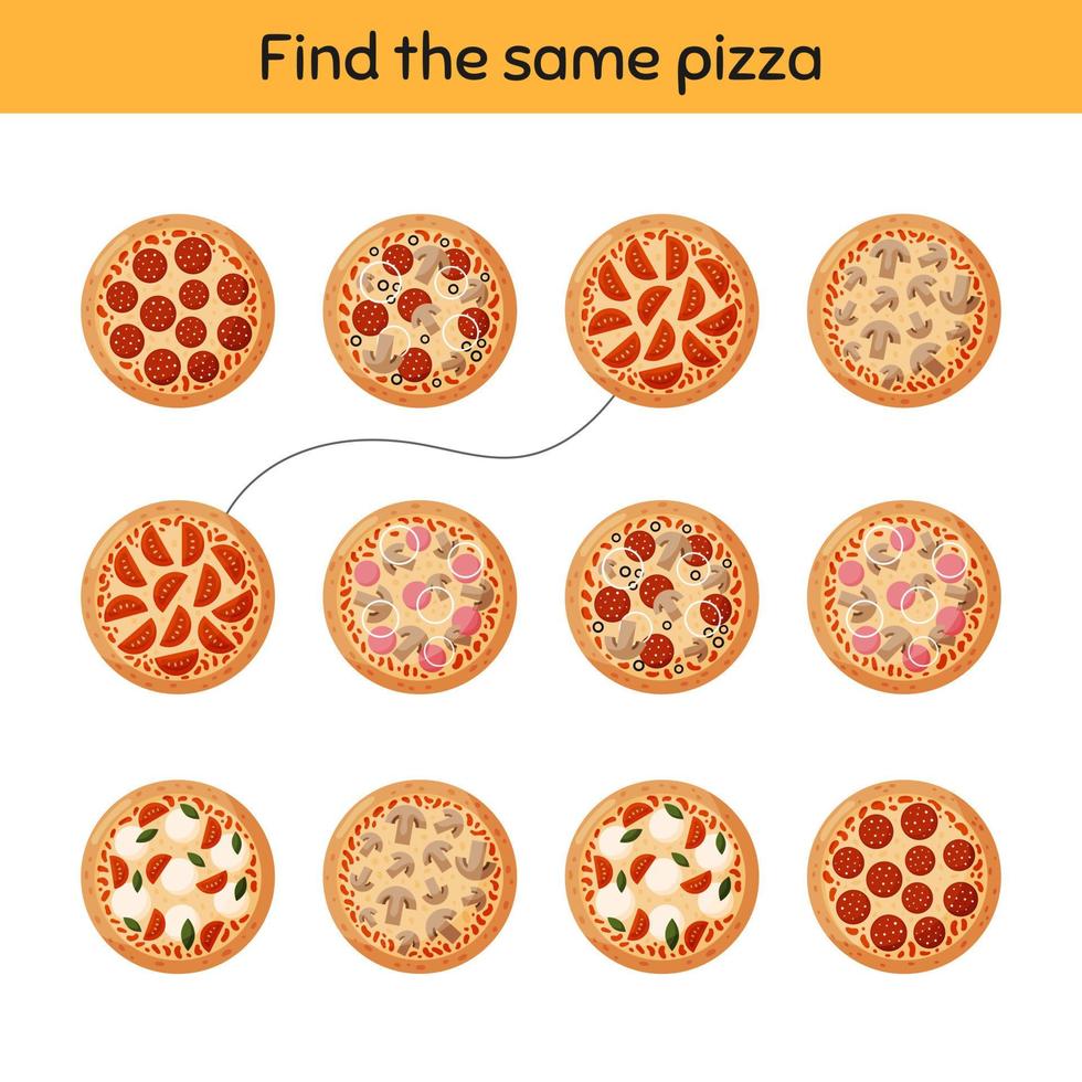 encontrar la misma pizza. hoja de trabajo para niños en edad preescolar, preescolar y escolar. vector