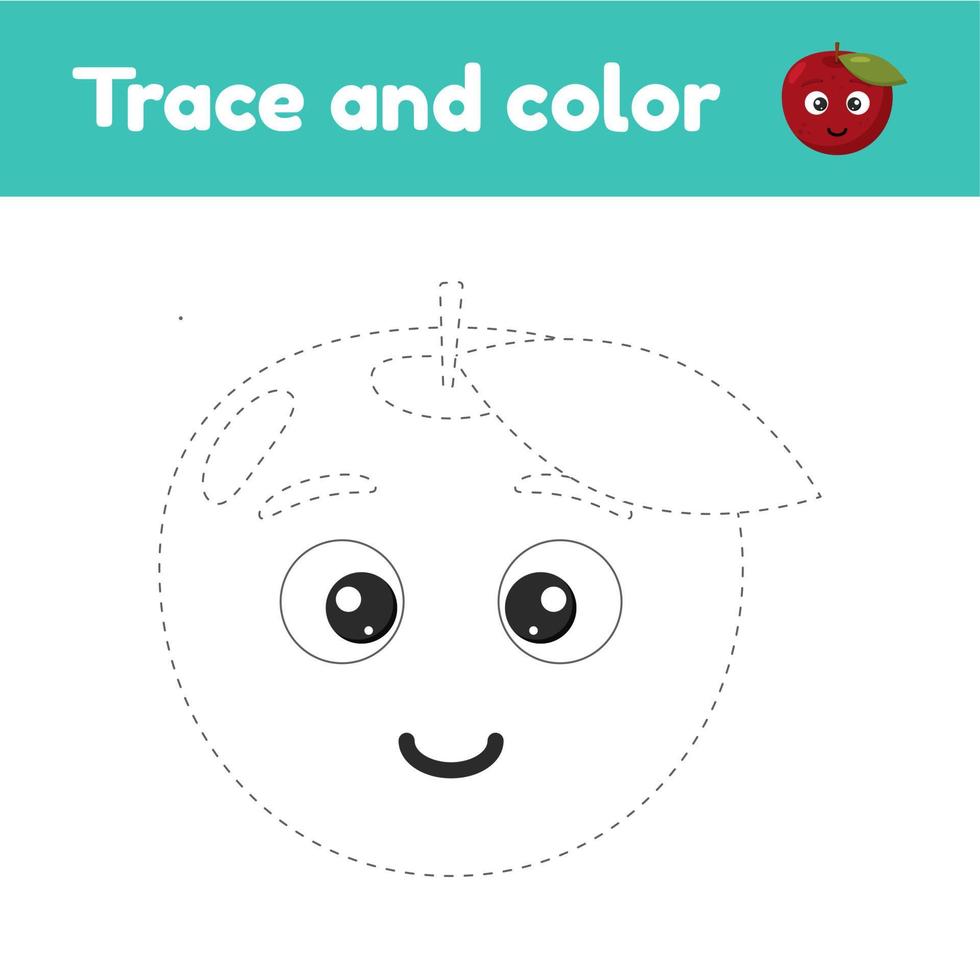 Coloring book with cute fruit apple. For kids kindergarten, preschool and school age. Trace worksheet. Development of fine motor skills and handwriting. vector