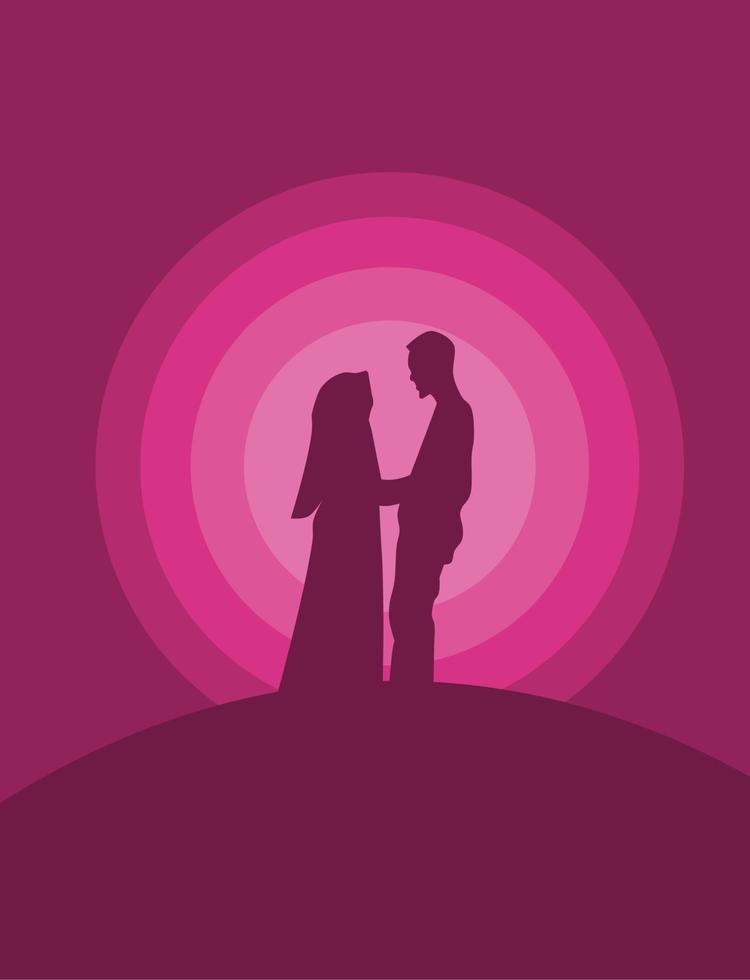 Vector of the silhouette of a couple standing on the hill against moonlight in the night sky.