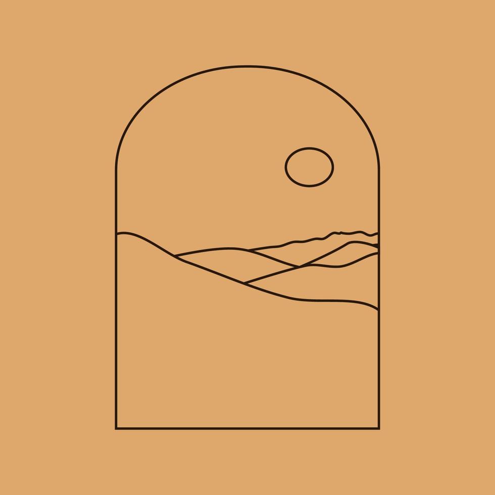 Vector simple illustration in simple linear style, minimalist boho logo landscape with mountain, hill, and sun.