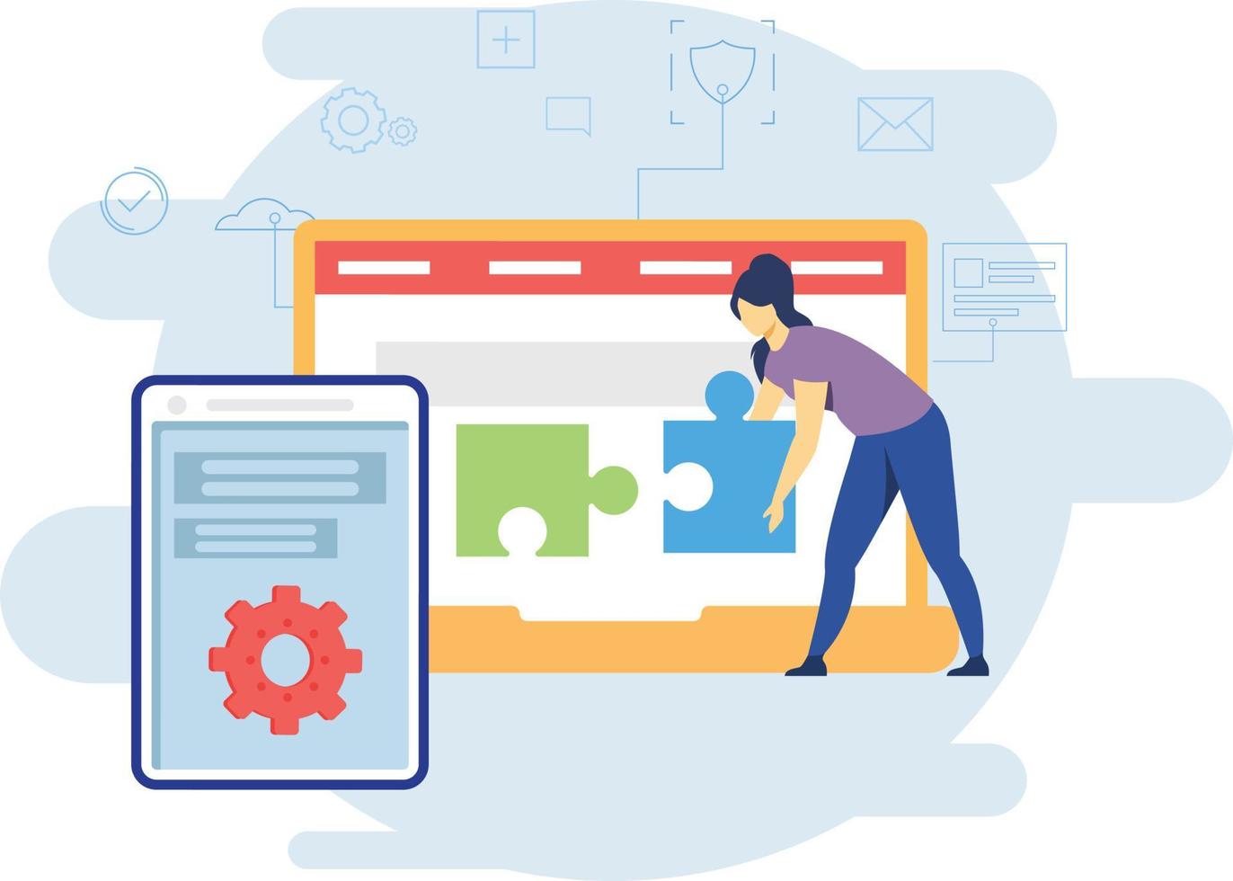 The girl is putting the pieces of jigsaw on webpage. vector