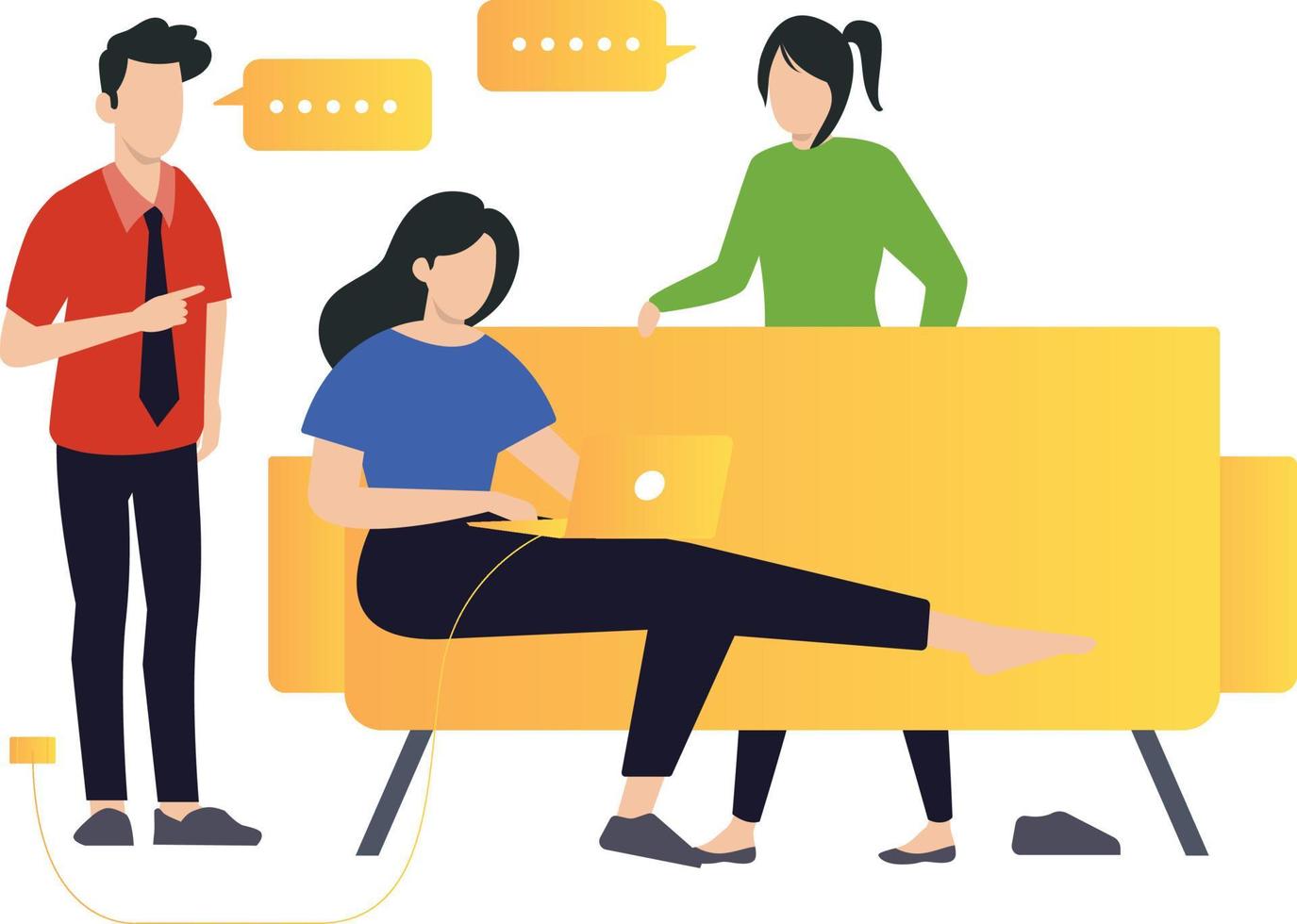 The girl is working on her laptop and the other boy and girl talking to her. vector