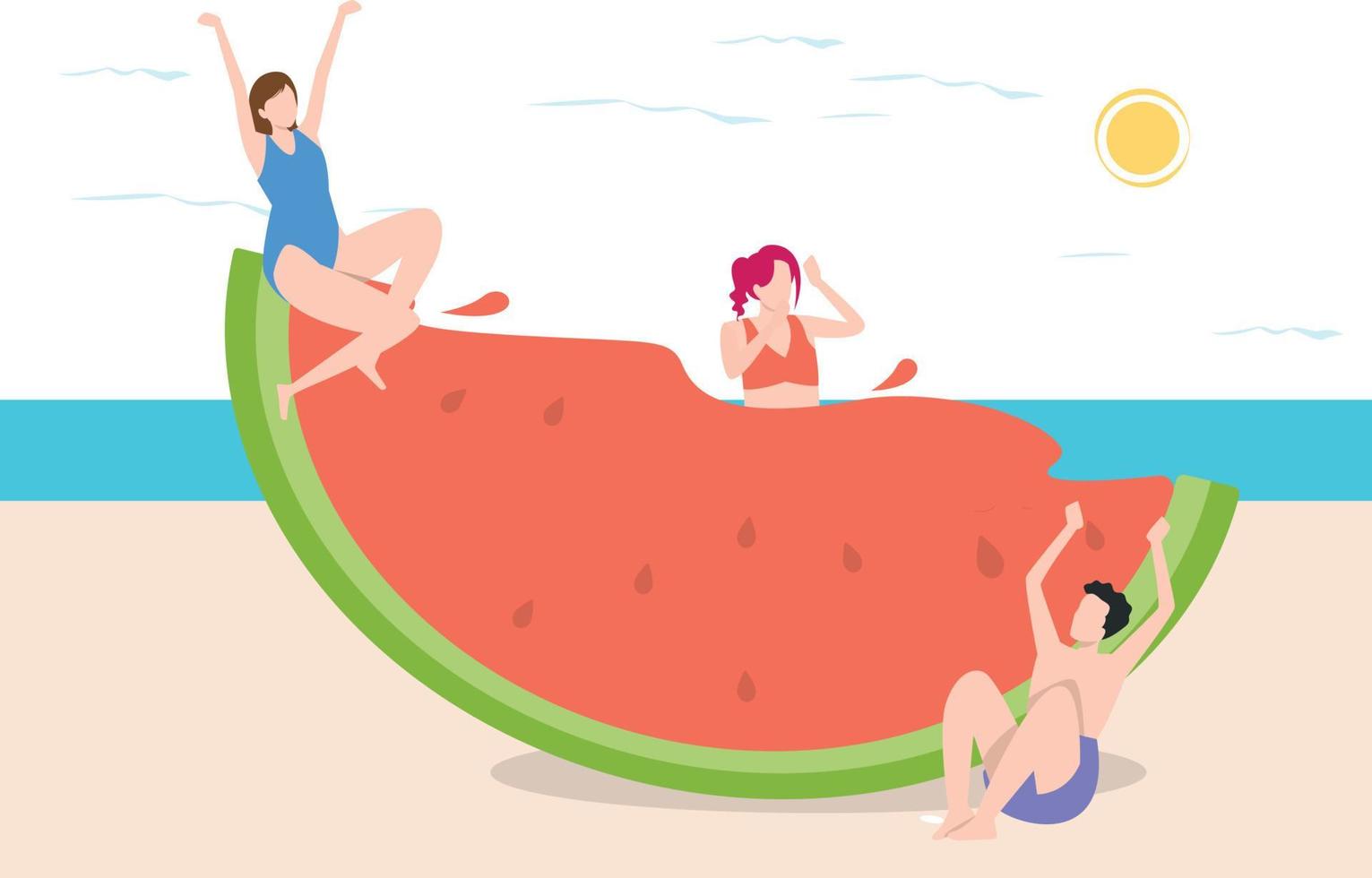 las niñas y los niños sentados en la playa y disfrutando con sandía. vector