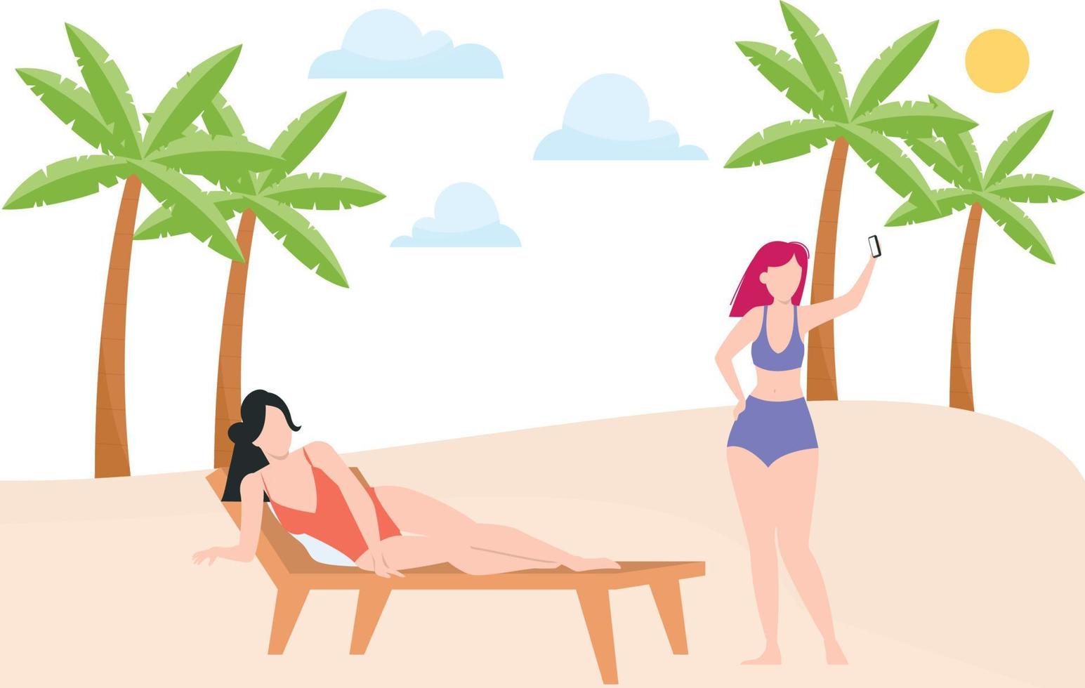 Two girls, one is taking selfie and ther other girl lay on deck chair on beach. vector