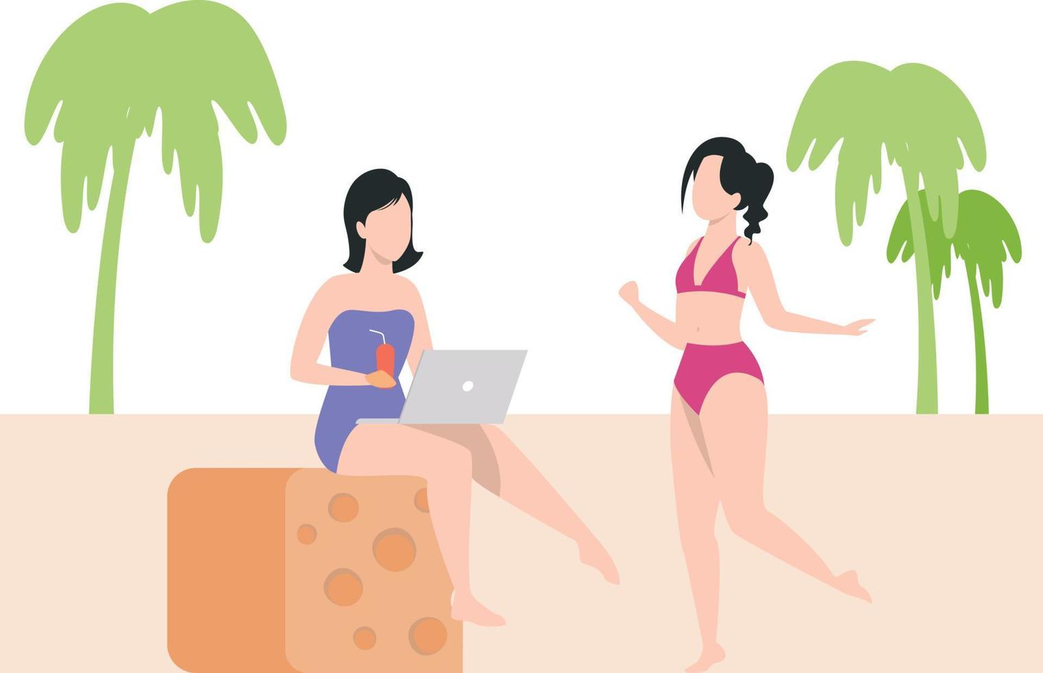 The girl is doing vacation on beach. vector