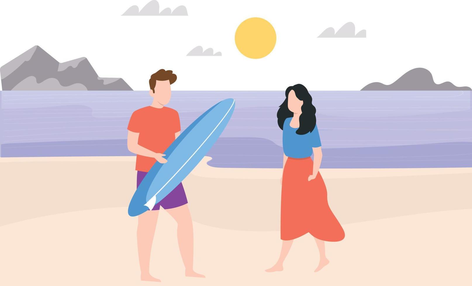 el chico con surf y la chica están caminando en la playa. vector