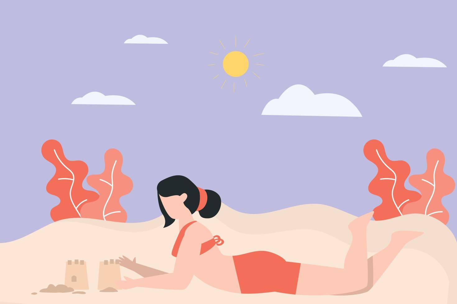 The girl is taking sun bath on beach. vector