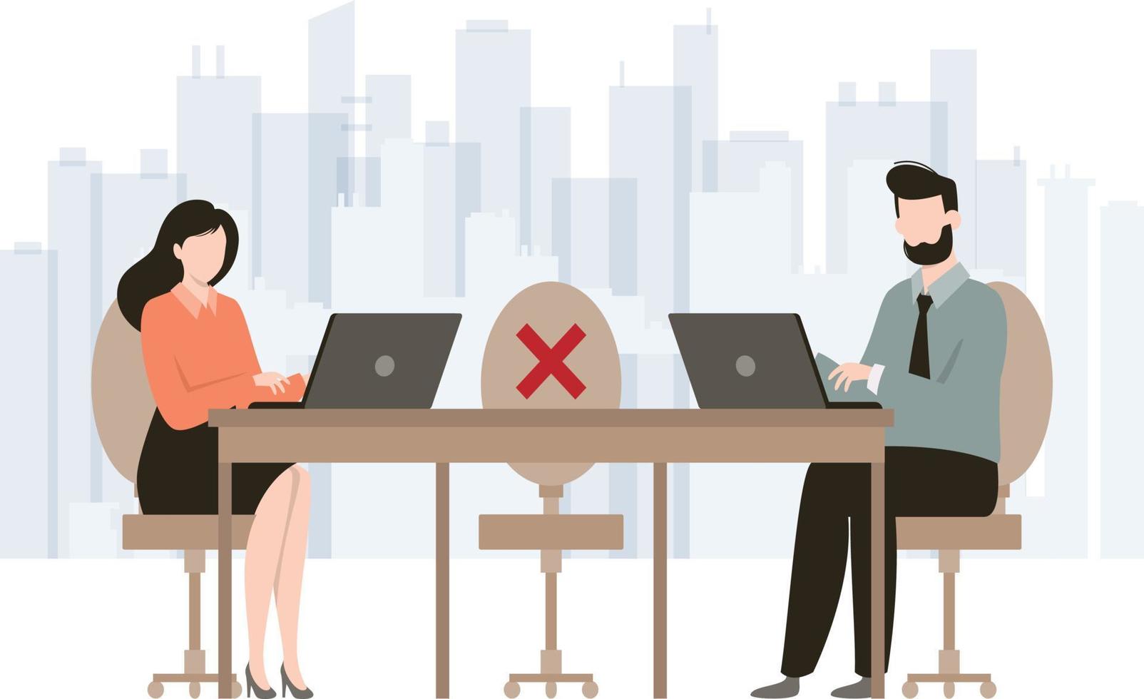 The employees are working on office table by maintaining a safe distance. vector
