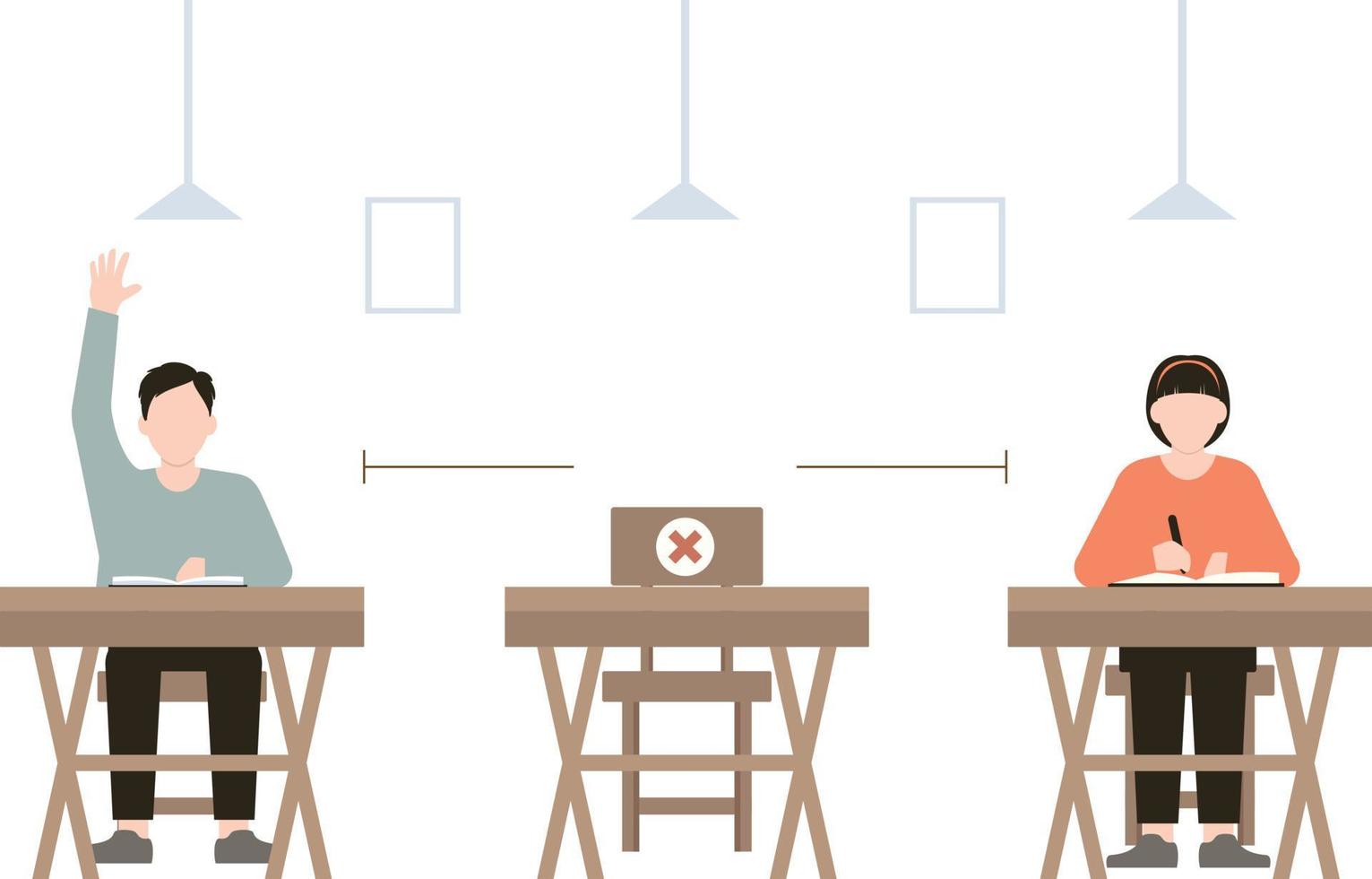 The students are sitting on their desks by safe distance. vector
