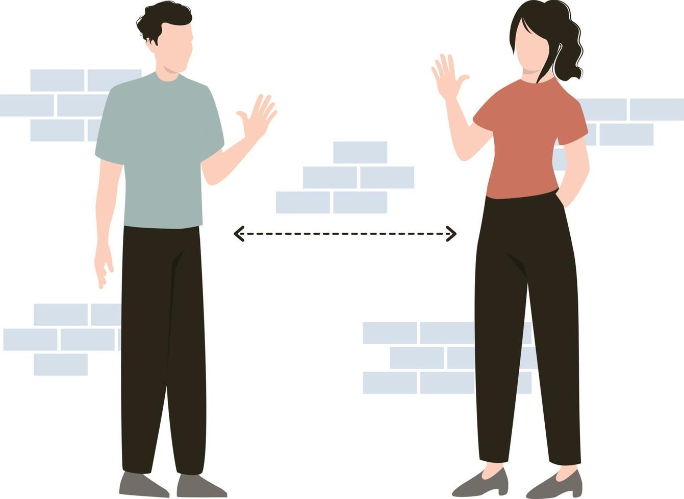 The girl and boy waving at each other by maintaining social distancing. vector