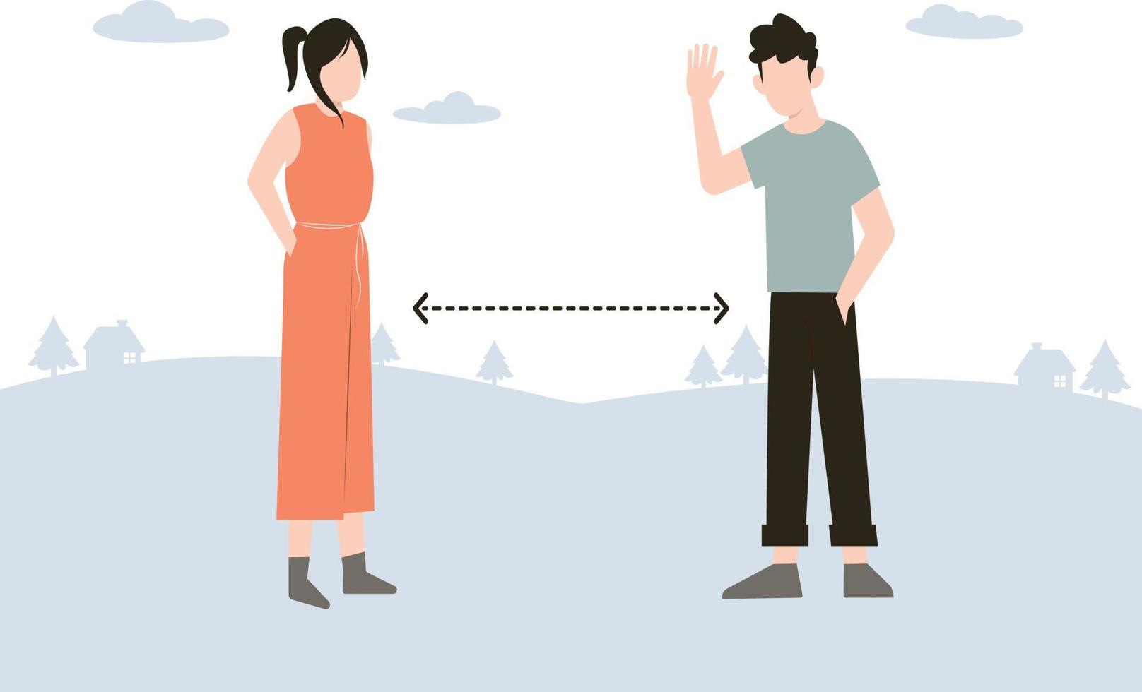 The boy is  waving to girl from a safe distance. vector