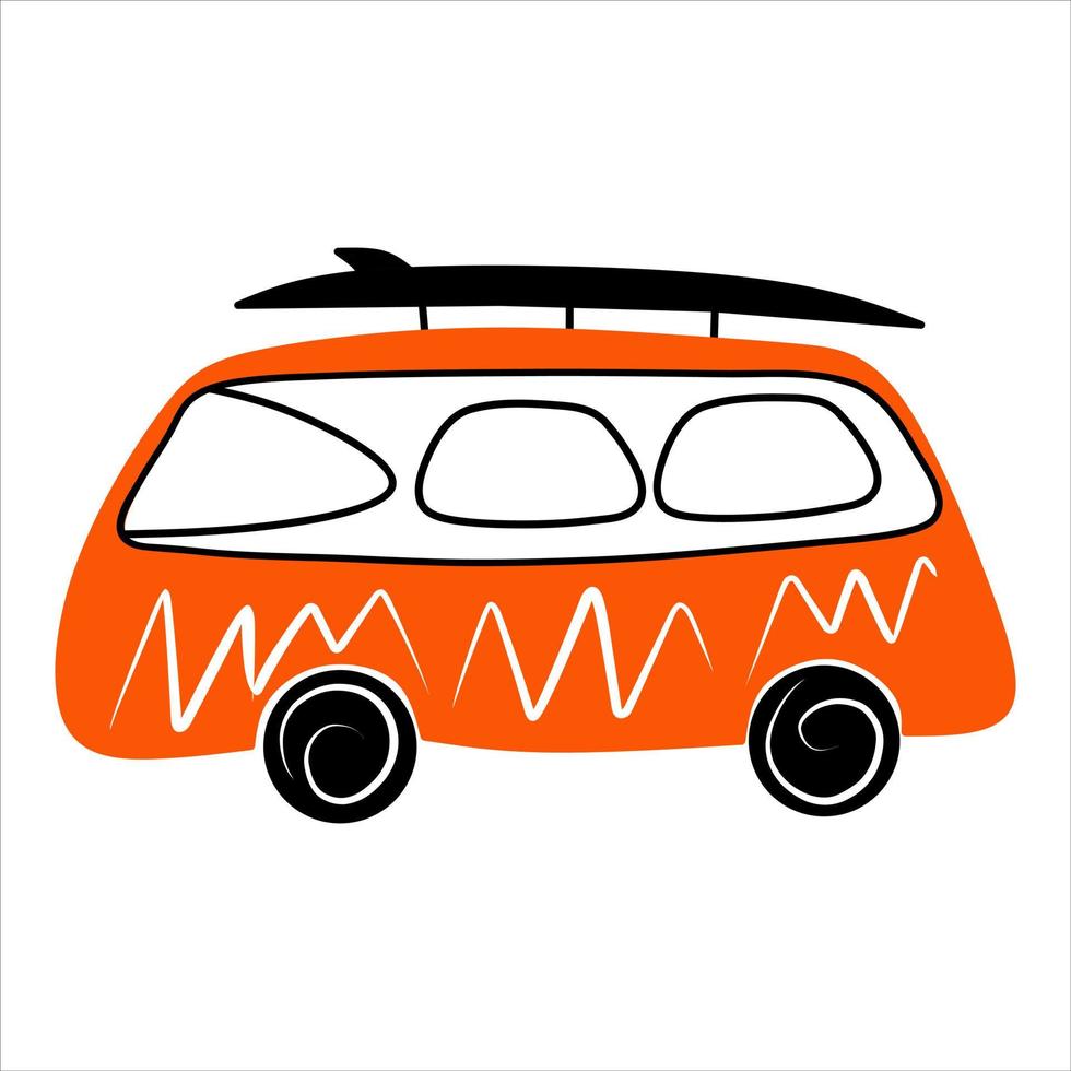 Red retro mini van with surfboard vector