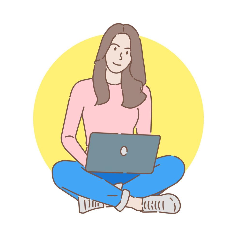 beautiful smiling young woman studying with notebook while sitting in lotus pose vector