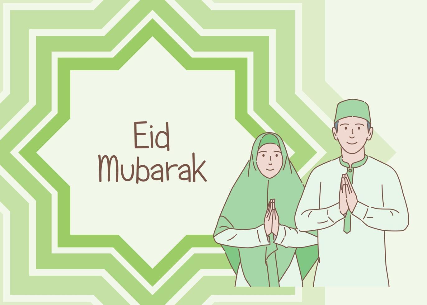 Eid Mubarak Muslim men and women greeting side by side with copy space, hand drawn style with thin outlines, flat illustration vector