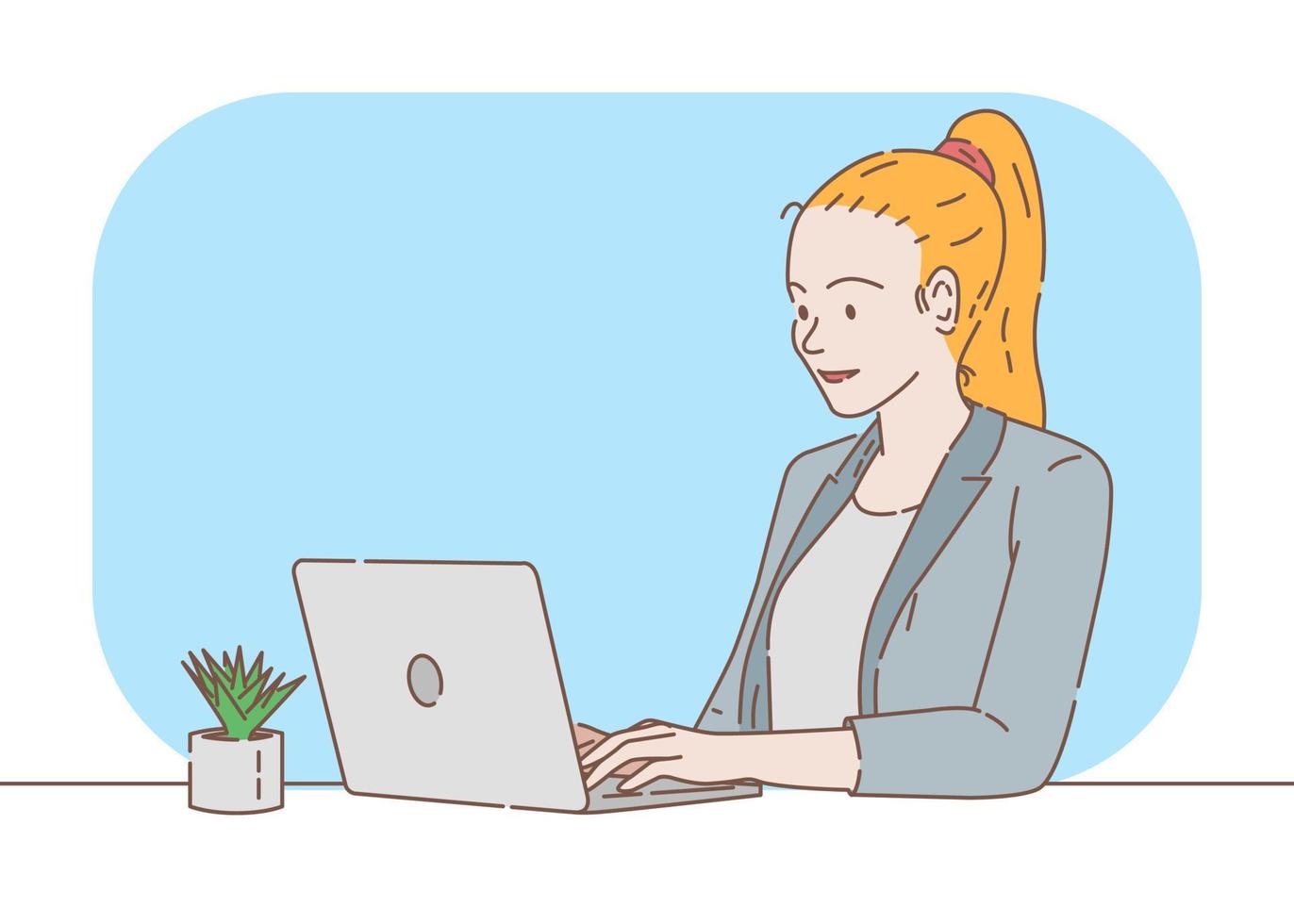 female worker is typing using laptop to work in her office, hand drawn with thin lines illustration vector