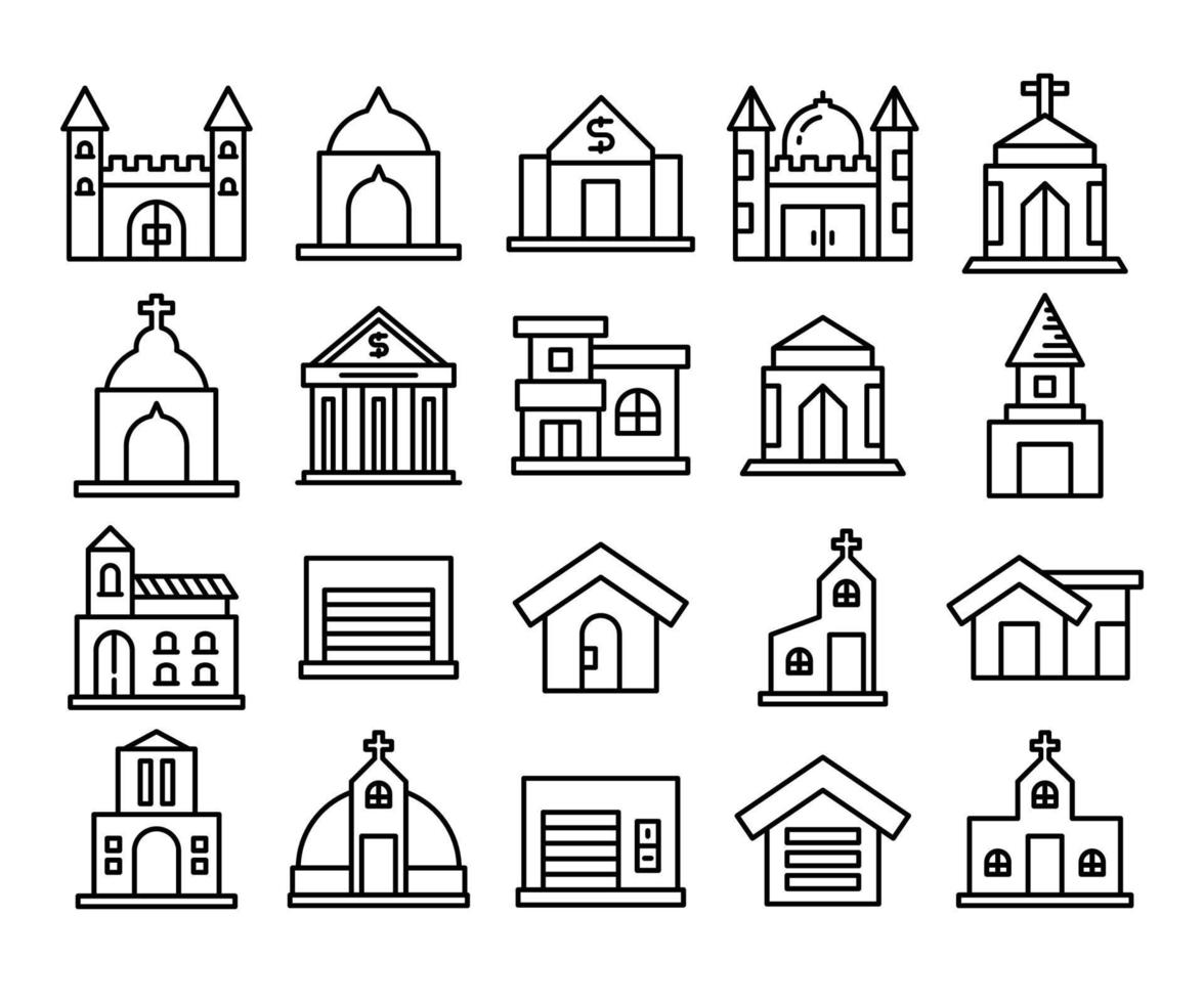 castle, church and warehouse building line icons set vector