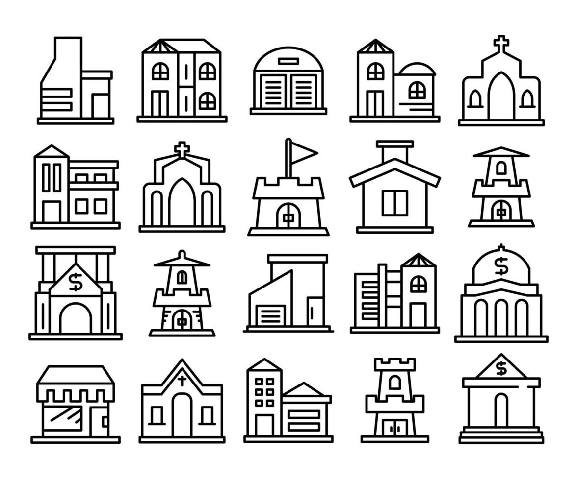 house, shop and bank building line icons set vector