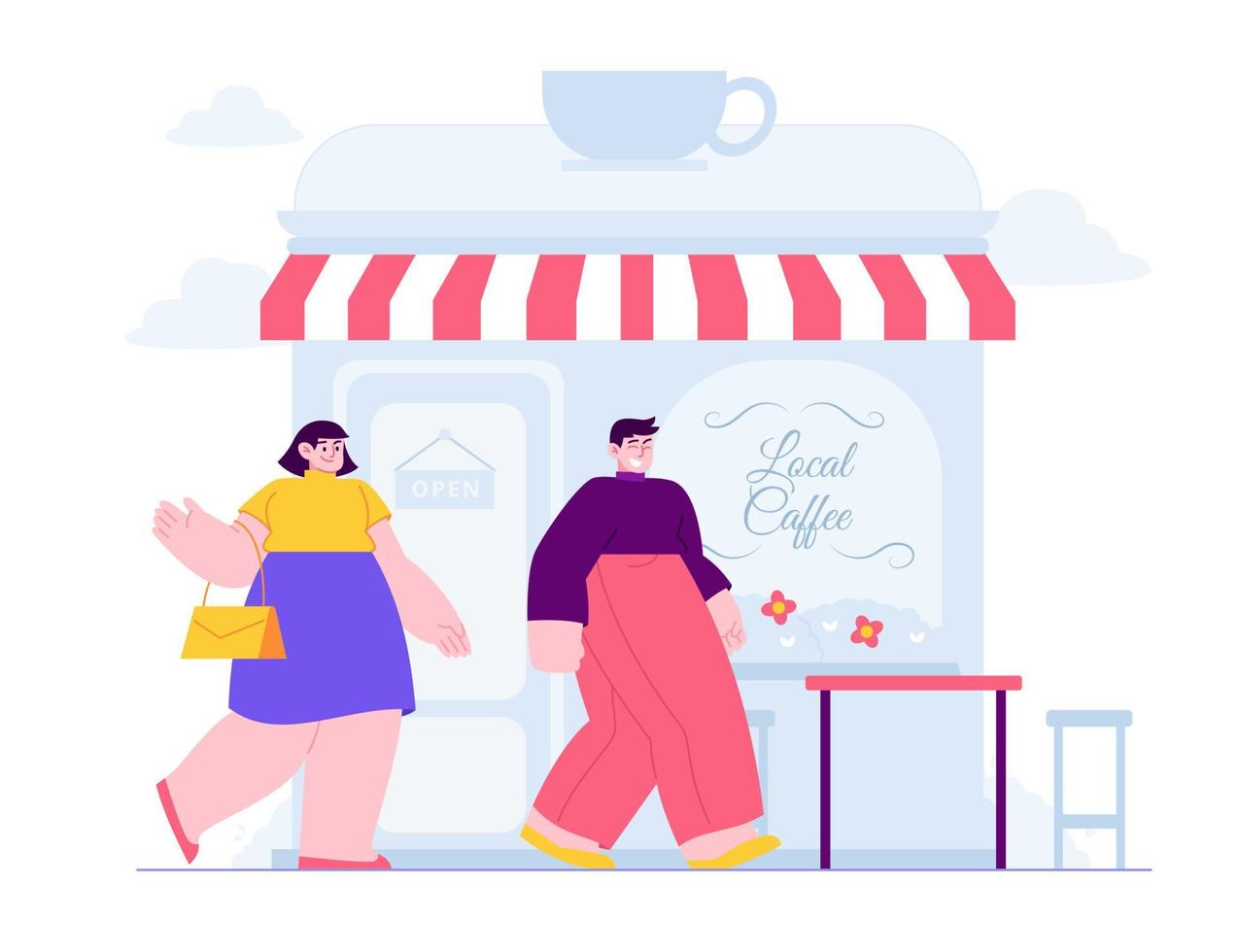 idea de ilustración vectorial de concepto de tienda local para plantilla de página de inicio, pequeña empresa con escaparate de café, lugar abierto con cliente feliz, vista frontal de tienda, propietario minorista, estilo plano dibujado a mano vector