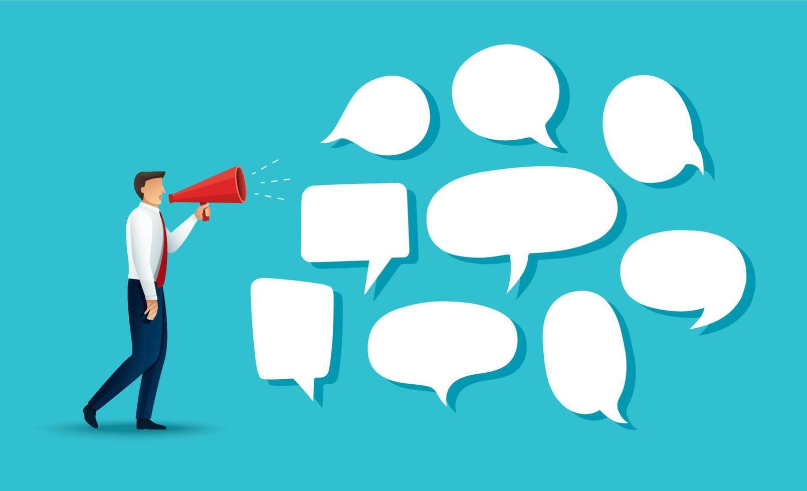 businessman hold megaphone loudspeaker. Concept of marketing or advertisement vector