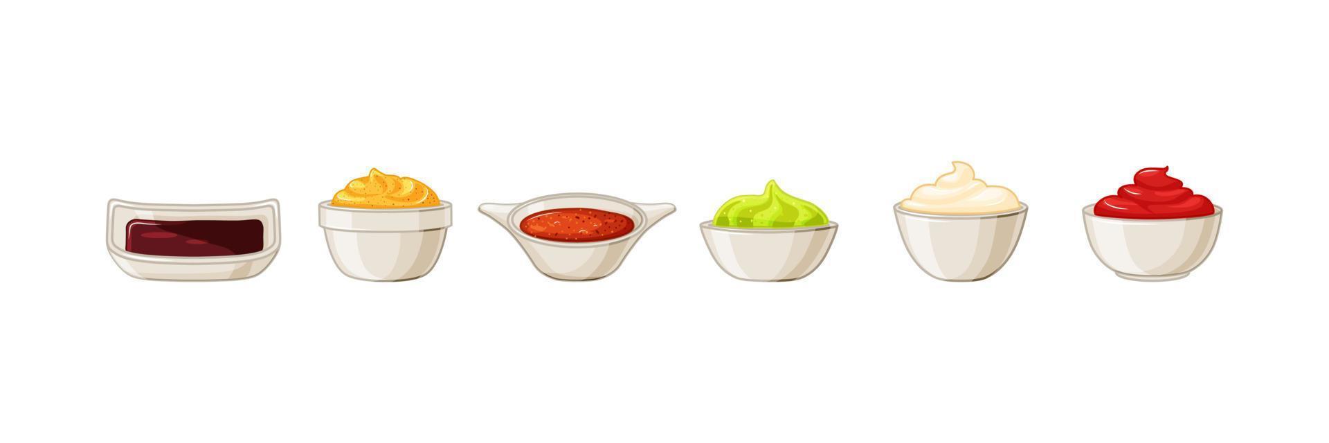 Various sauces set on a white isolated background. Bowl with ketchup, mayonnaise, mustard, soy, wasabi vector illustration cartoon.
