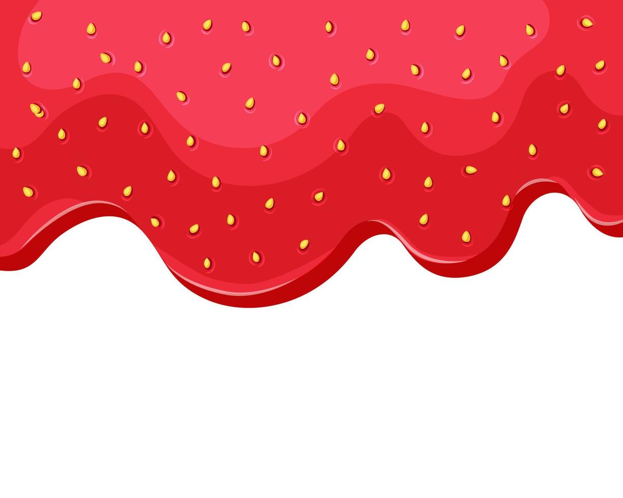 Strawberry jam flows down from top to bottom on a white isolated background. Cartoon style. Vector illustration.