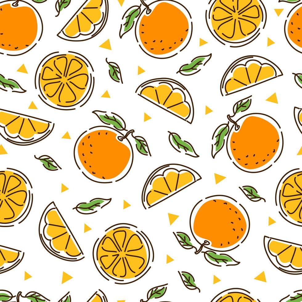 Juicy tangerine seamless pattern. Slices and leaves of tangerine. Geometry. Abstract hand-drawn background. vector