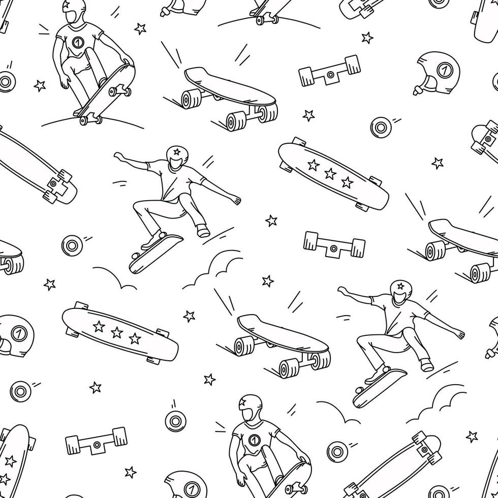 Skateboard, a teenager performs tricks with a seamless pattern on a white background. Vector illustration.