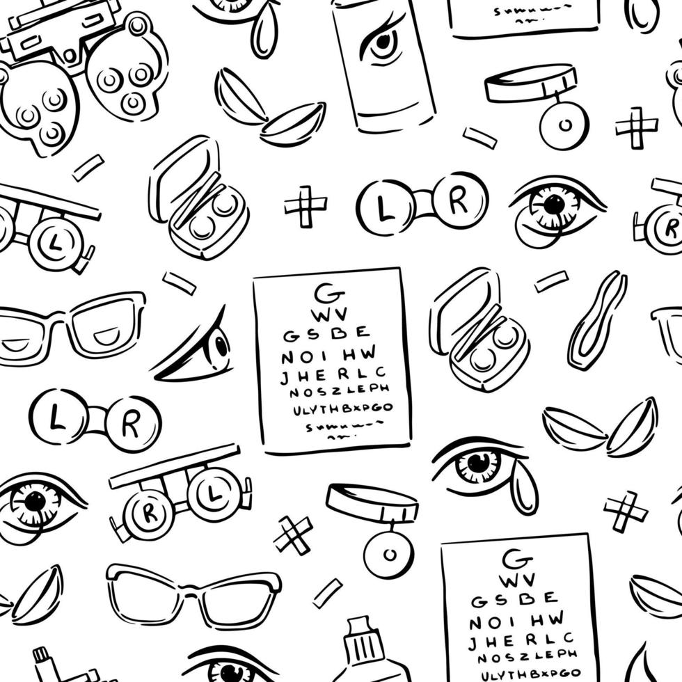 Ophthalmology doodle seamless pattern. Optometry, contact lenses, glasses, phoropter and much more. Vector hand-drawn background.