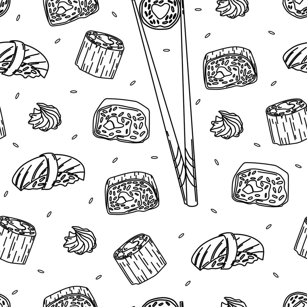 Sushi, wasabi and chopsticks seamless pattern. Contour vector background.