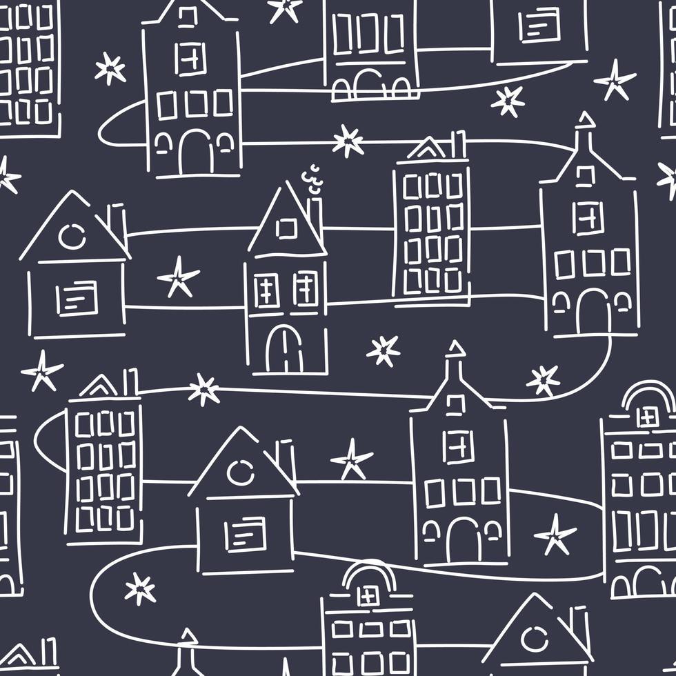 Houses have a seamless pattern. Abstract, lines, spots, stars. Fashionable print. Vector illustration.