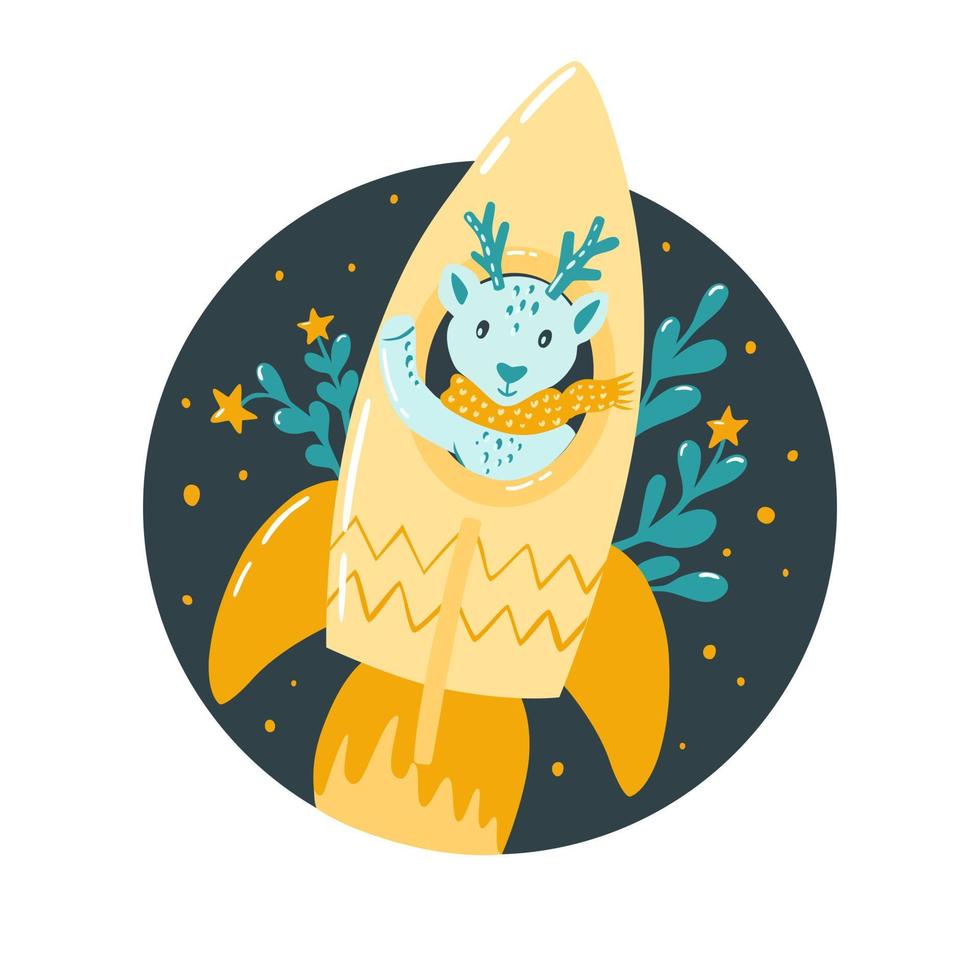 fawn in a rocket is flying in space. Children's illustration in the Scandinavian style. Sticker, children's room, bedroom decor.Vector. vector