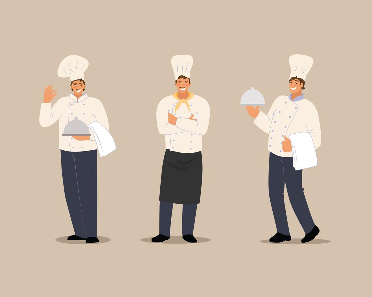 Smiling chef set. Characters in a flat style. Vector illustration on an isolated background.