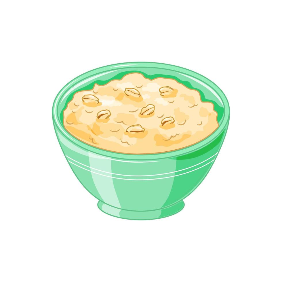 Oatmeal porridge in a green bowl on a white background. Healthy delicious breakfast. Cartoon style. Vector illustration.