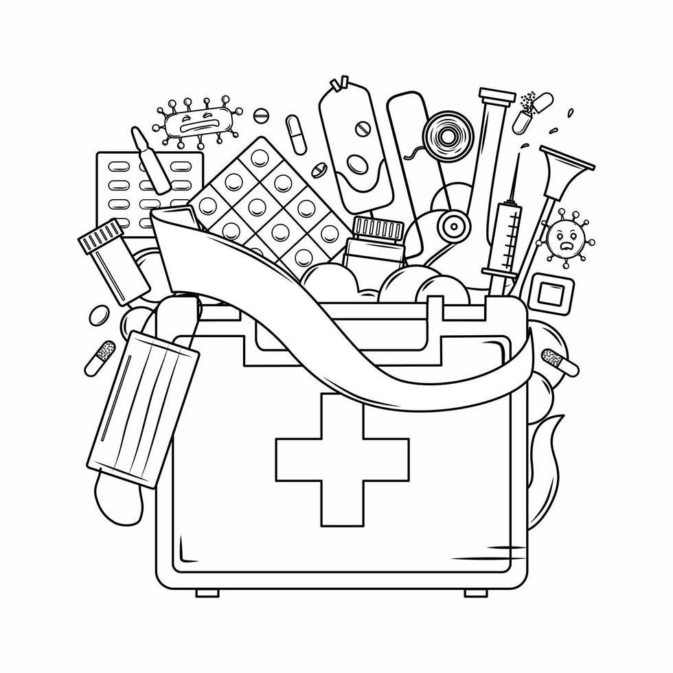 Medicine coloring book for adults. First aid kit, mask, bandage, syringe, virus in the outline style. Vector illustration.